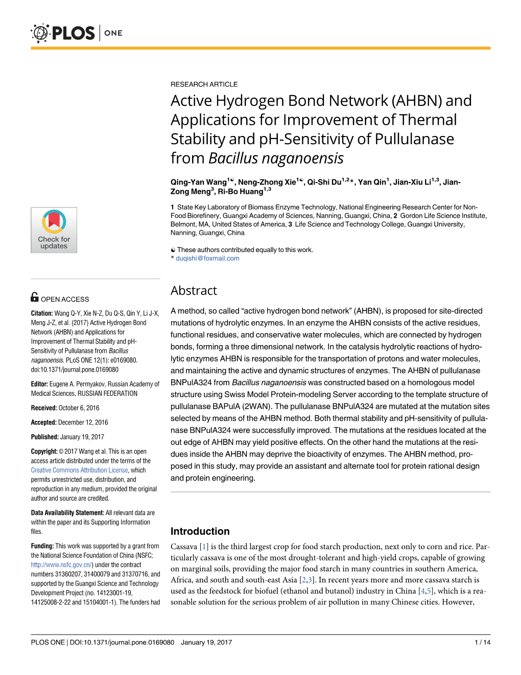 Active Hydrogen Bond Network (AHBN) and Applications for Improvement of Thermal Stability and Ph-Sensitivity of Pullulanase from Bacillus Naganoensis