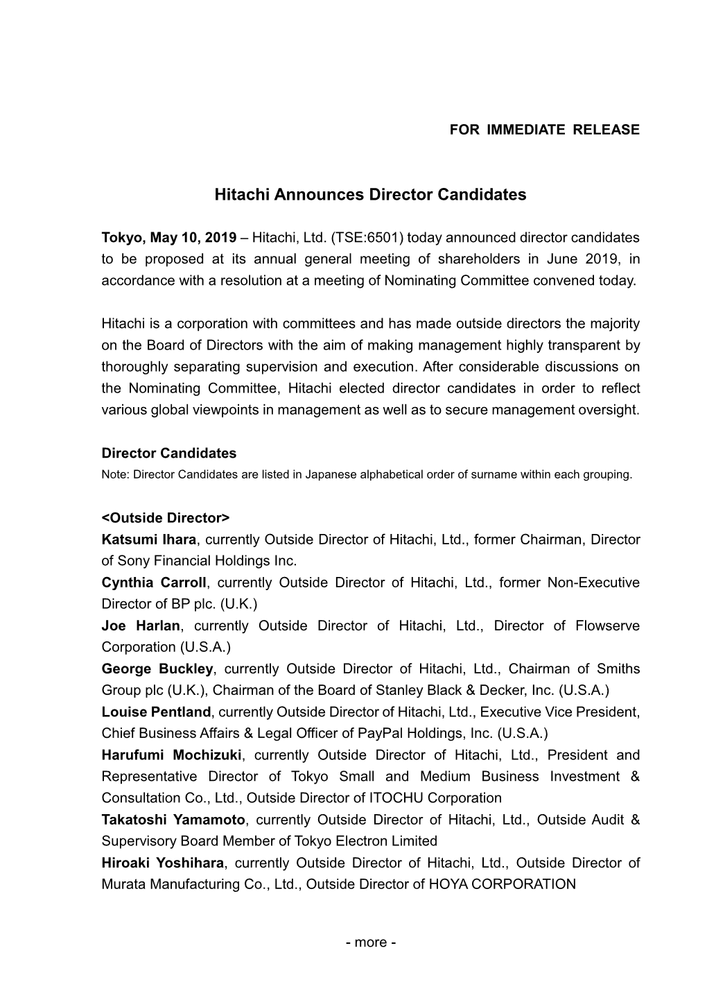 Hitachi Announces Director Candidates