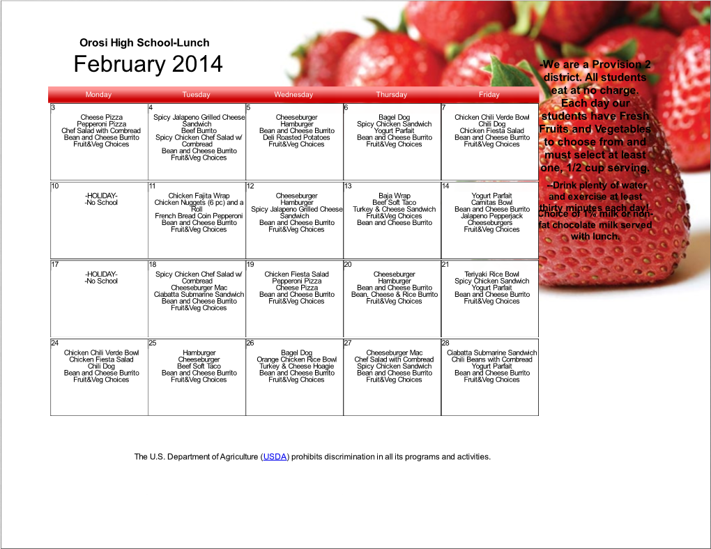 Student Nutrition Menu Calendar