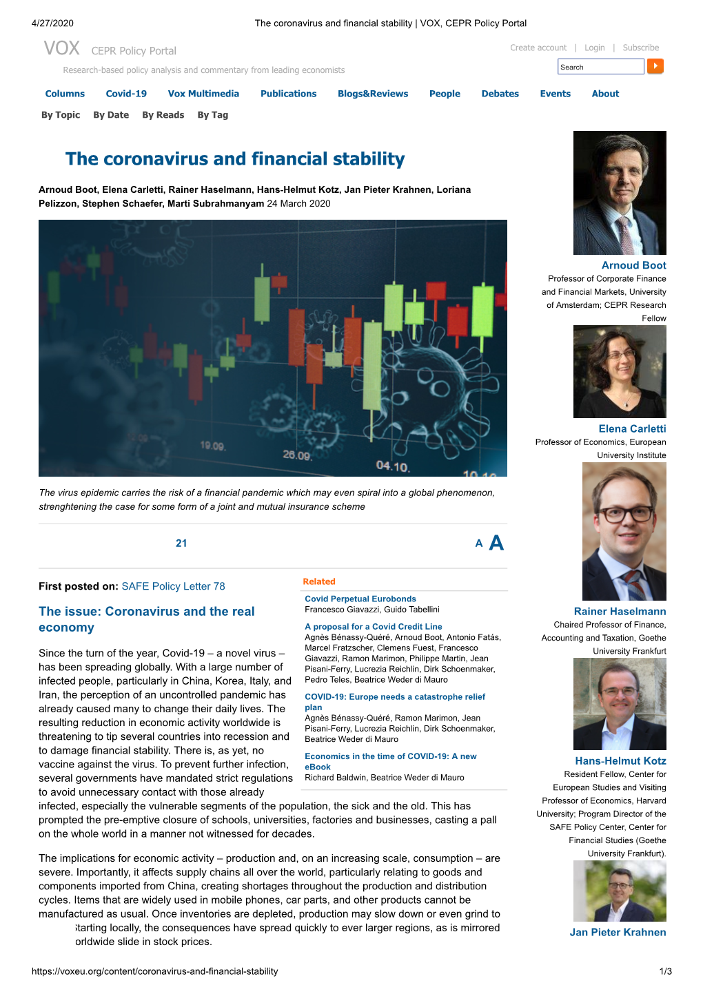 The Coronavirus and Financial Stability | VOX, CEPR Policy Portal