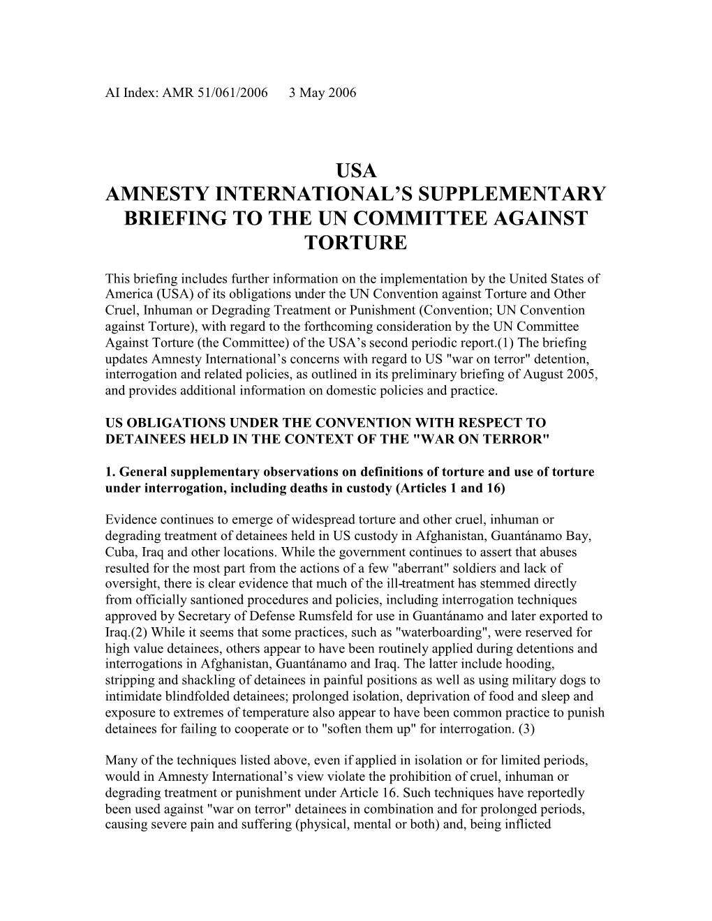Usa Amnesty International's Supplementary Briefing To