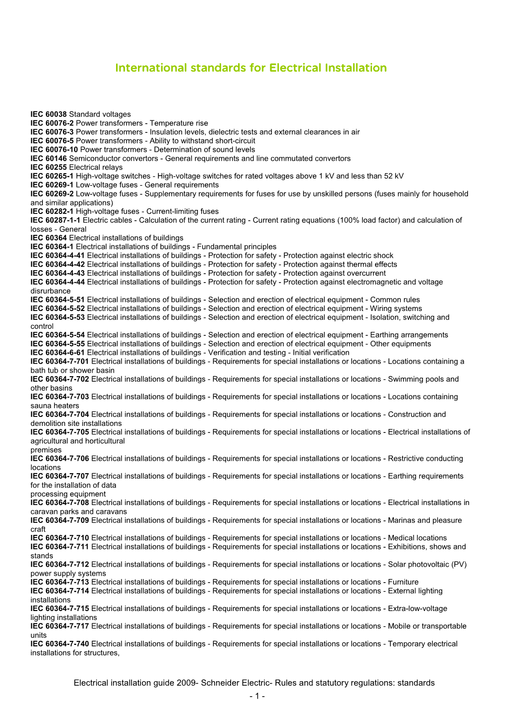 International Standards for Electrical Installation International Standards