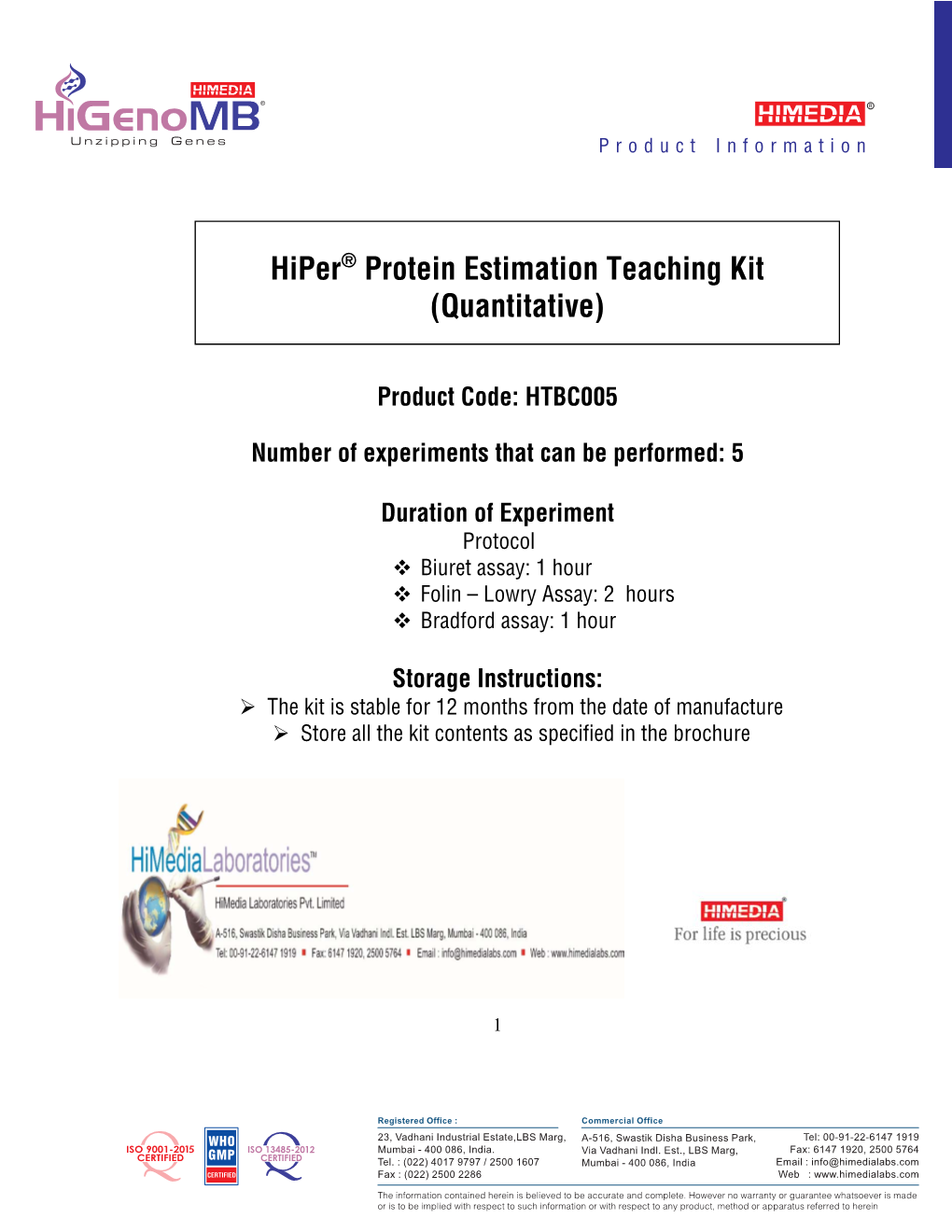 Hiper® Protein Estimation Teaching Kit (Quantitative)