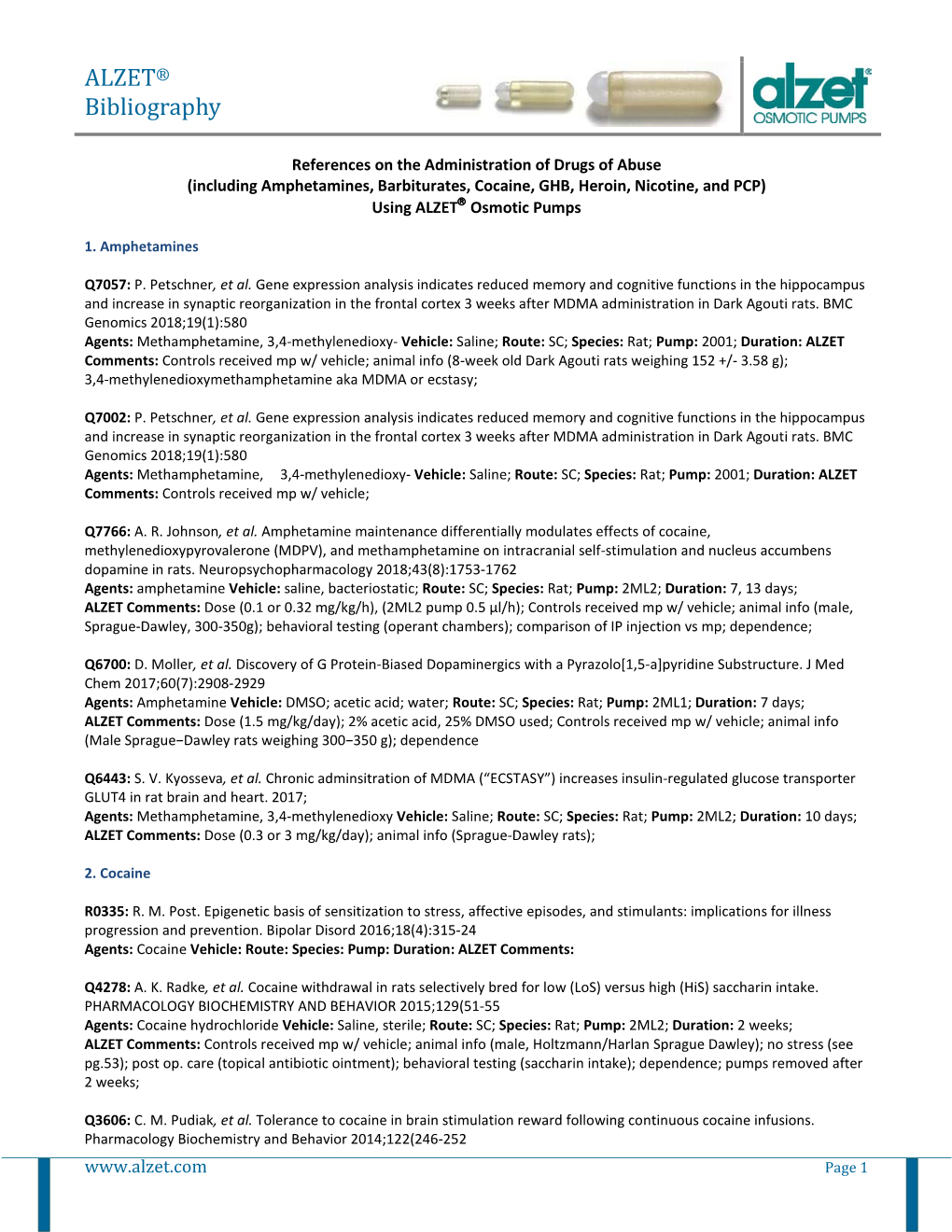 Drugs of Abuse (Including Amphetamines, Barbiturates, Cocaine, GHB, Heroin, Nicotine, and PCP) Using ALZET Osmotic Pumps