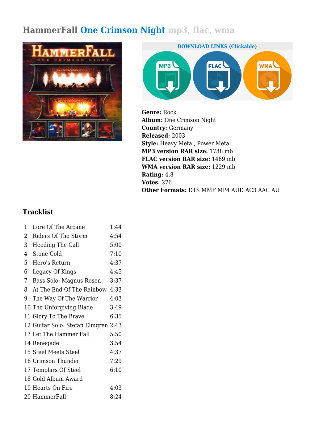 Hammerfall One Crimson Night Mp3, Flac, Wma