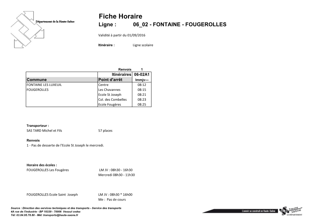 Fiche Horaire Ligne : 06 02 - FONTAINE - FOUGEROLLES