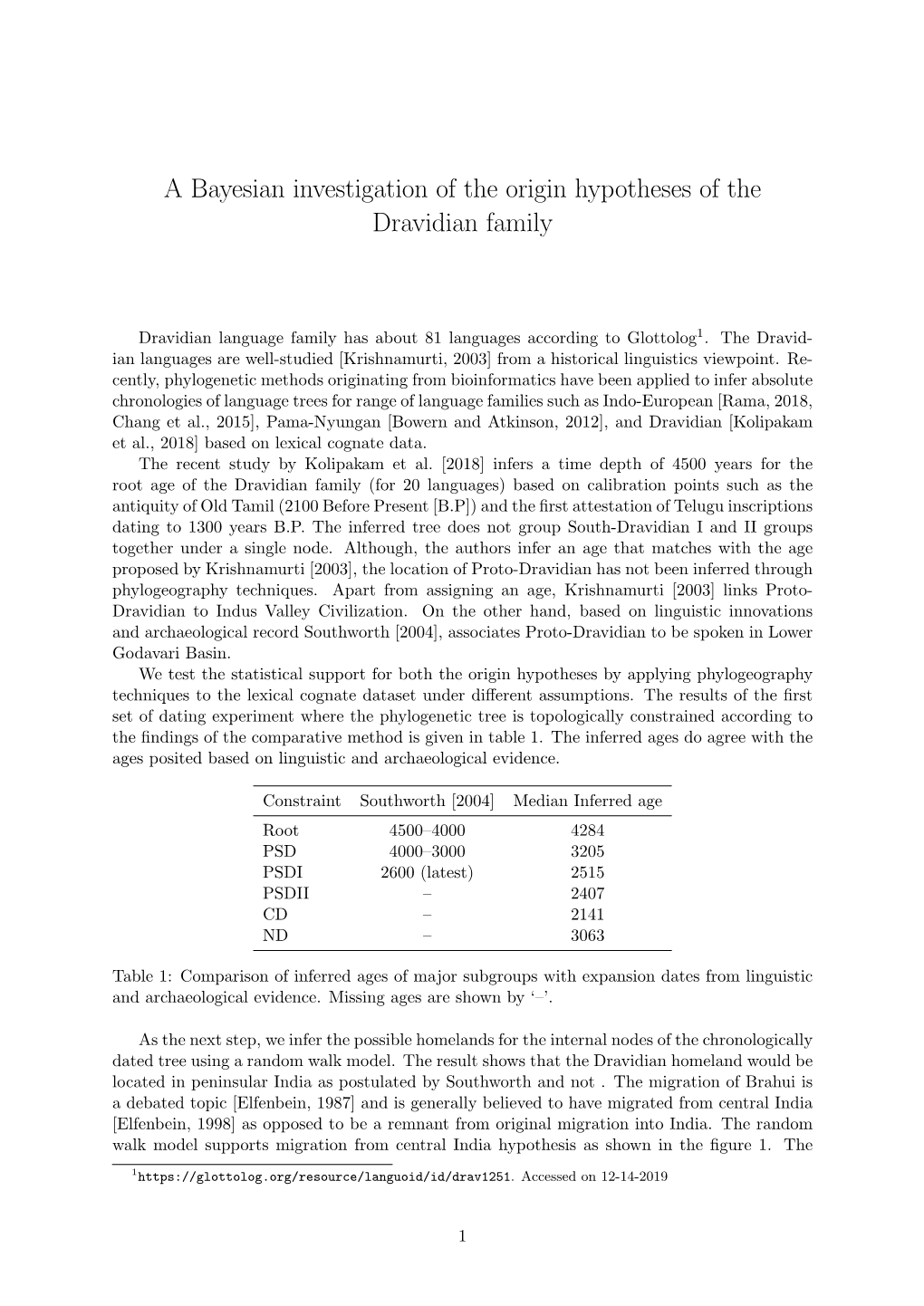 A Bayesian Investigation of the Origin Hypotheses of the Dravidian Family