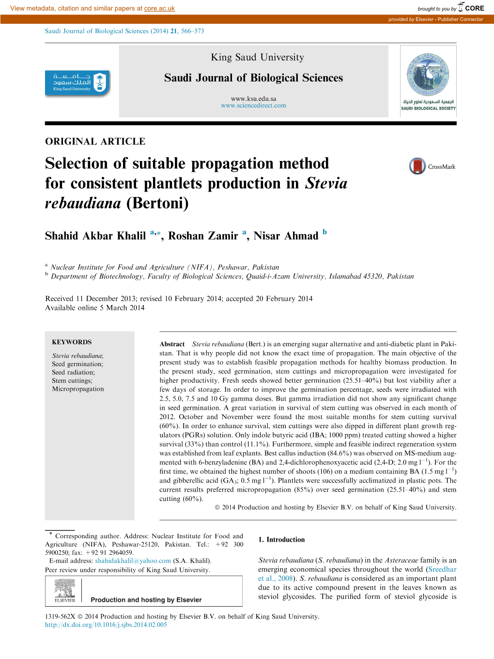 Selection of Suitable Propagation Method for Consistent Plantlets Production in Stevia Rebaudiana (Bertoni)