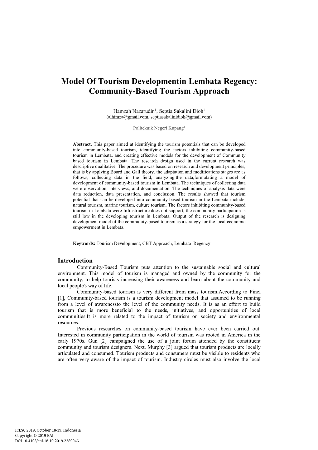 Model of Tourism Developmentin Lembata Regency: Community-Based Tourism Approach