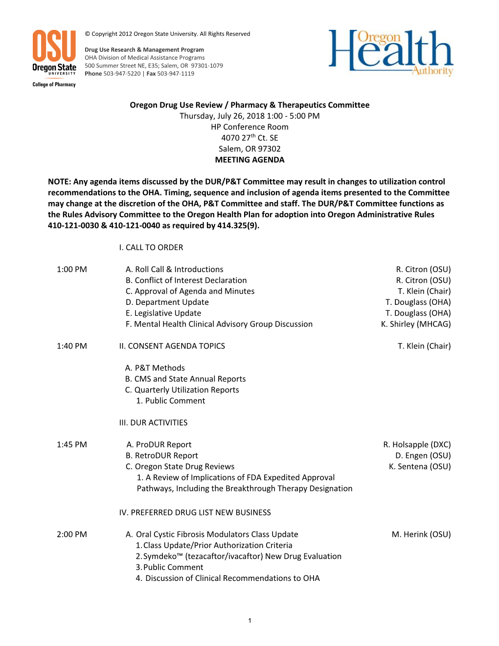 Oregon Drug Use Review / Pharmacy & Therapeutics Committee