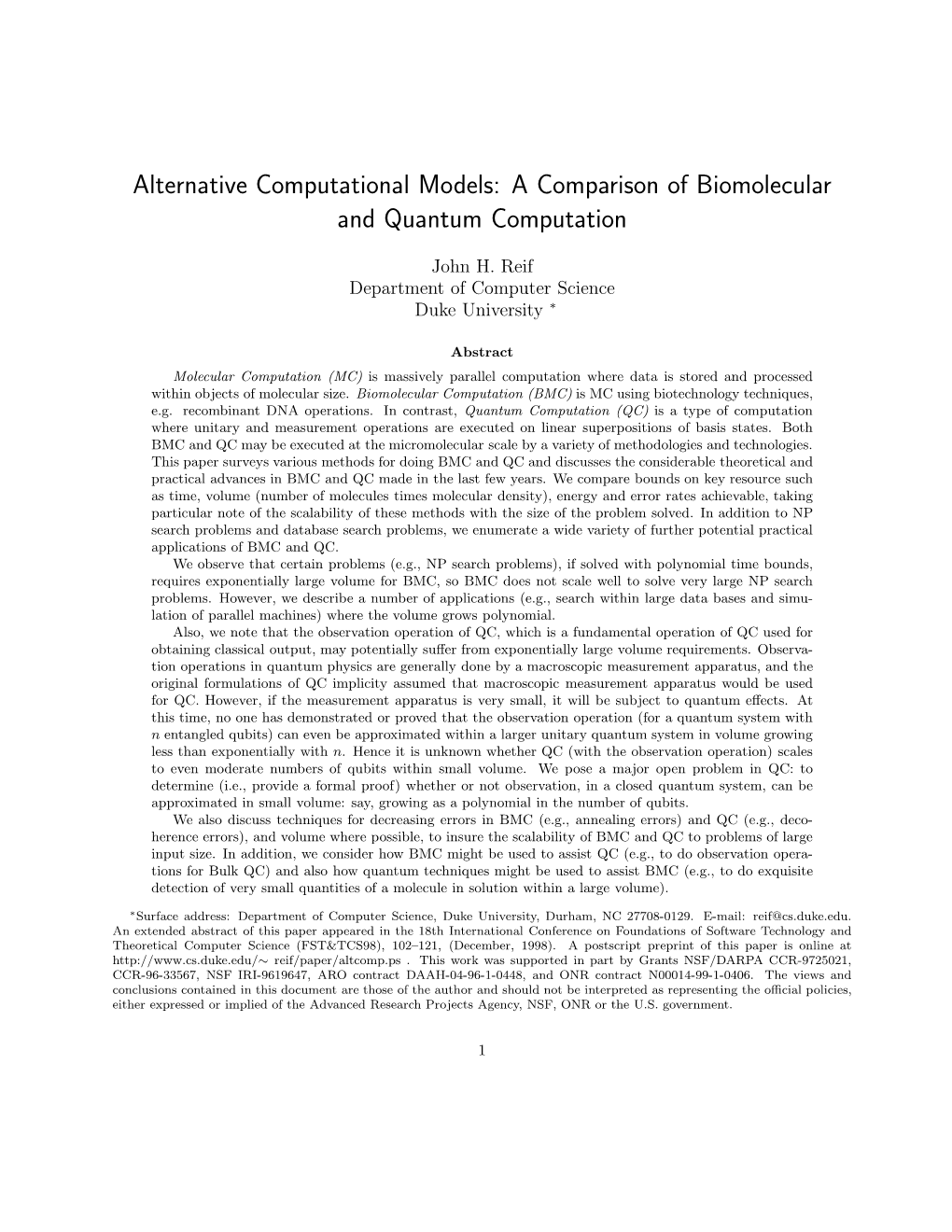 Alternative Computational Models: a Comparison of Biomolecular and Quantum Computation