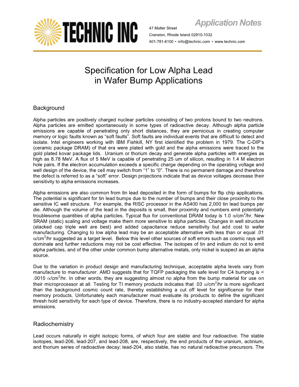 Specification for Low Alpha Lead in Wafer Bump Applications