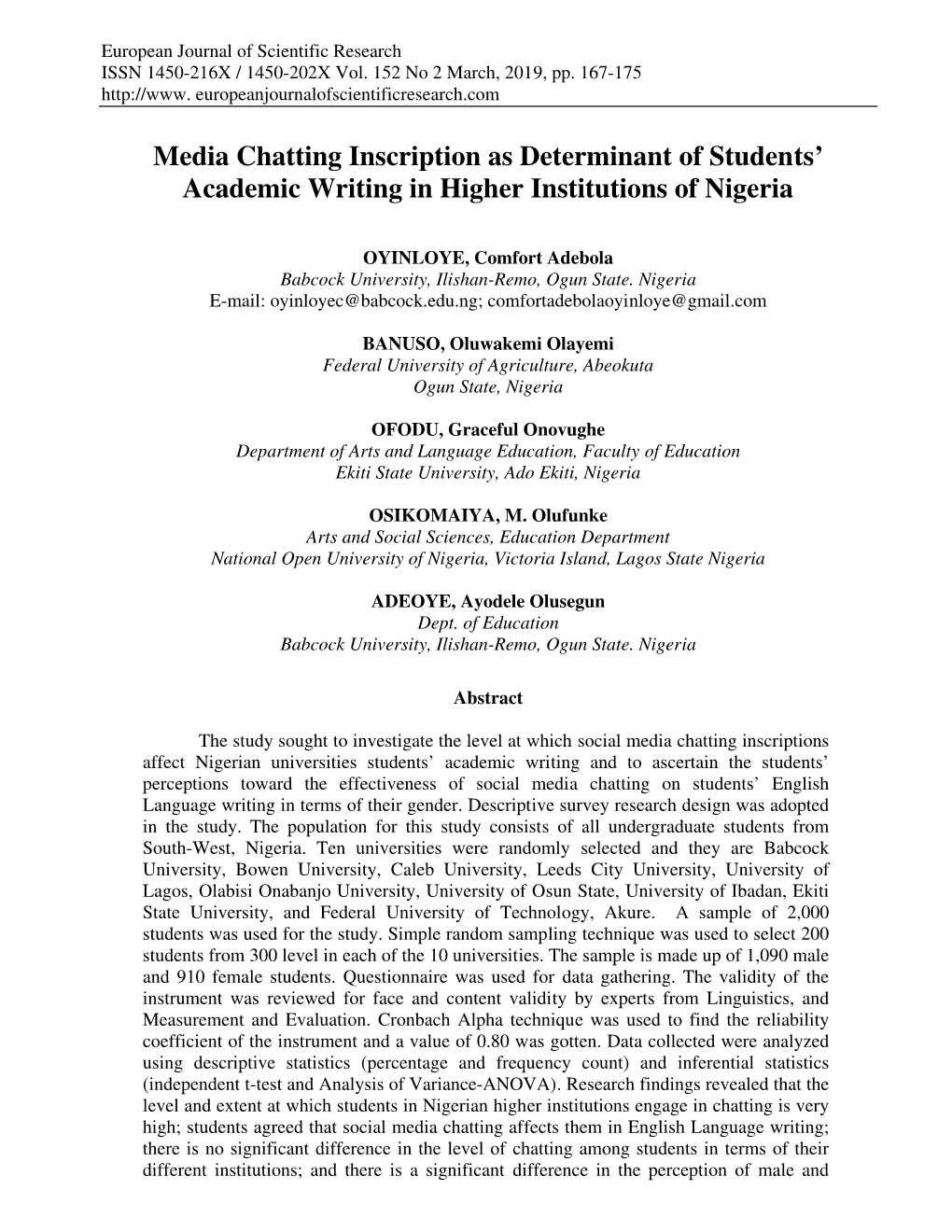 Media Chatting Inscription As Determinant of Students' Academic Writing in Higher Institutions of Nigeria