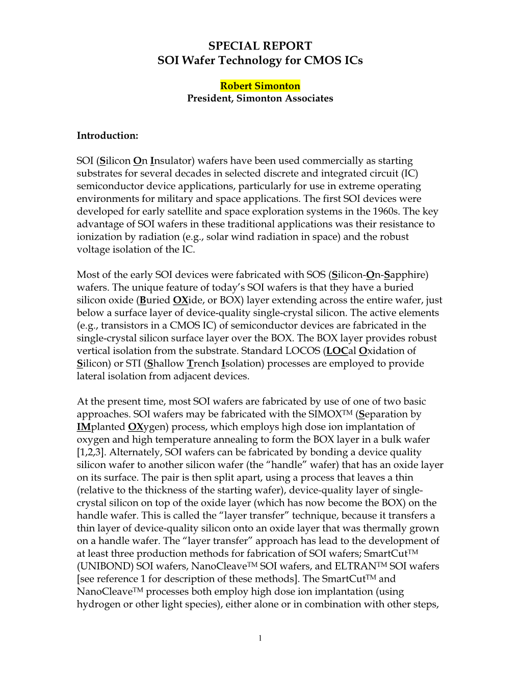 SPECIAL REPORT SOI Wafer Technology for CMOS Ics