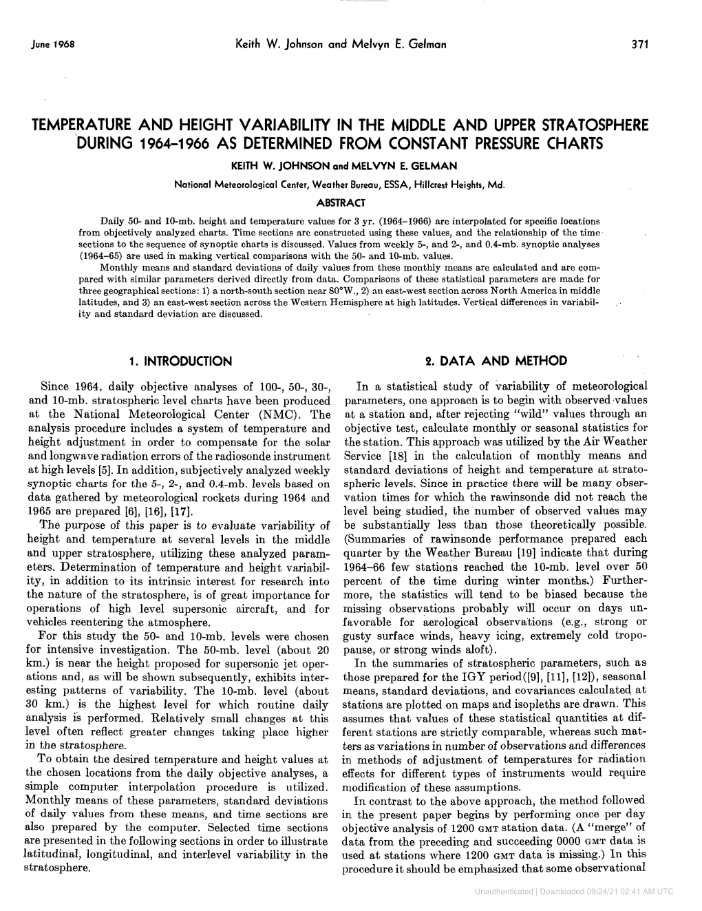 Temperature and Height Variability in the Middle and Upper Stratosphere During 1964-1 966 As Determined from Constant Pressure Charts Keith W