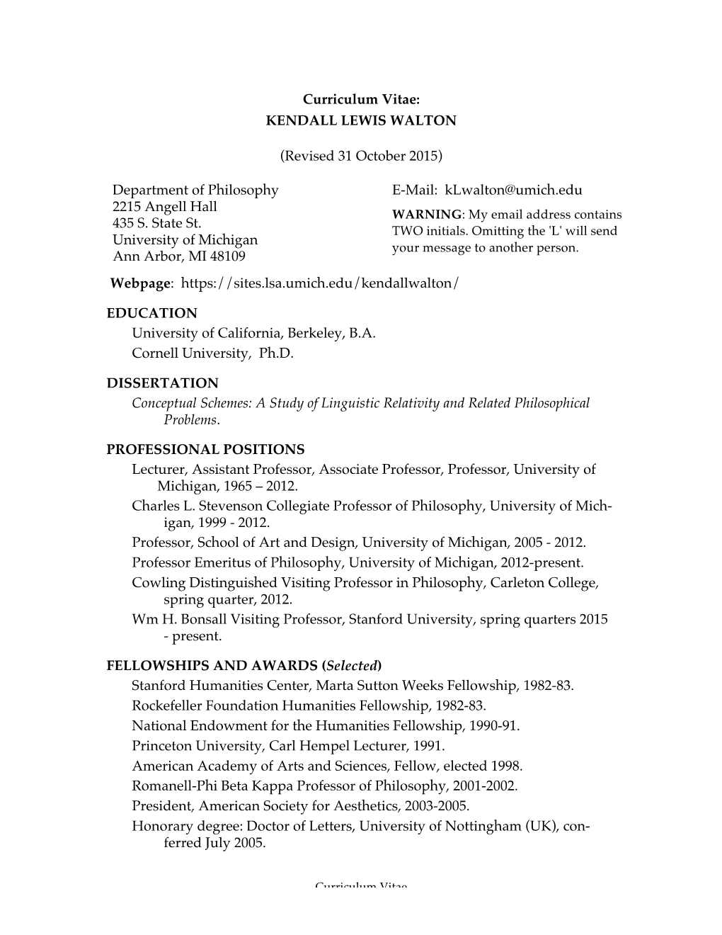 Curriculum Vitae: KENDALL LEWIS WALTON