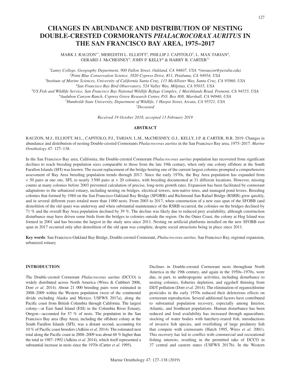 Changes in Abundance and Distribution of Nesting Double-Crested Cormorants Phalacrocorax Auritus in the San Francisco Bay Area, 1975–2017