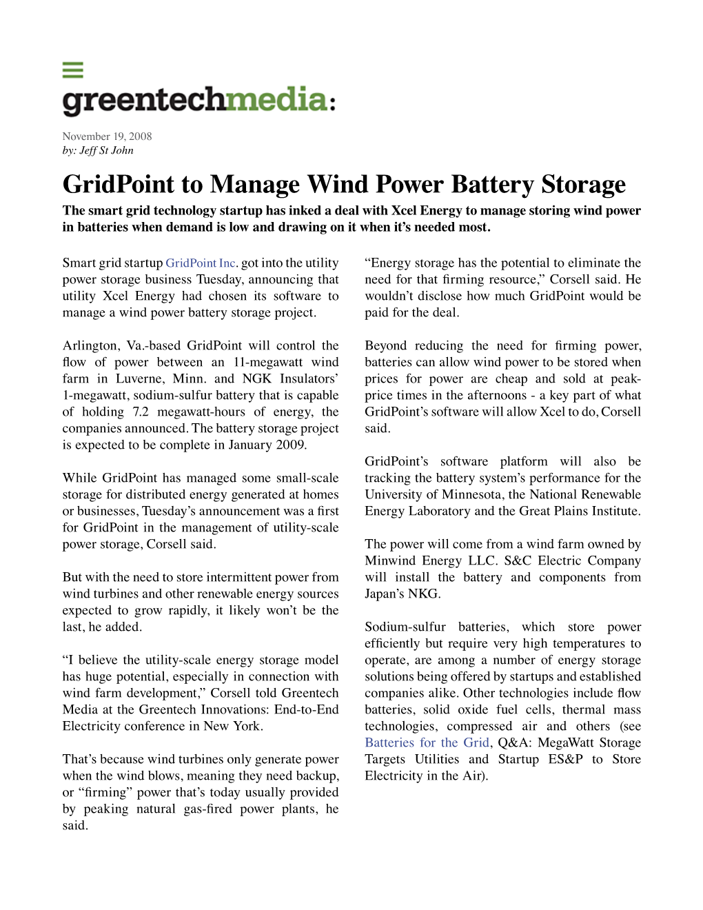 Gridpoint to Manage Wind Power Battery Storage
