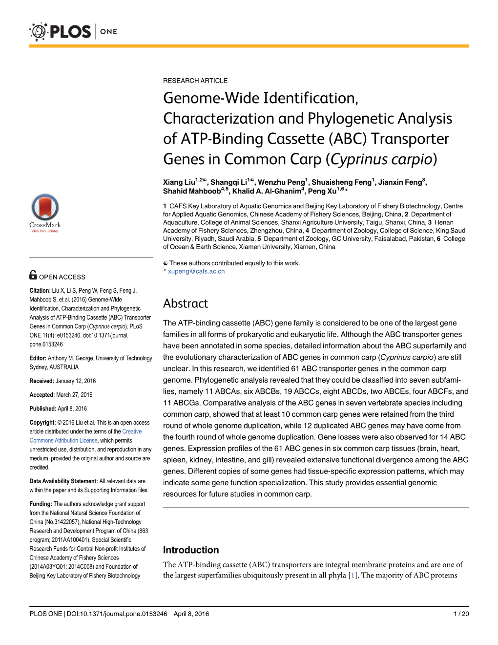 Genome-Wide Identification, Characterization and Phylogenetic Analysis of ATP-Binding Cassette (ABC) Transporter Genes in Common Carp (Cyprinus Carpio)