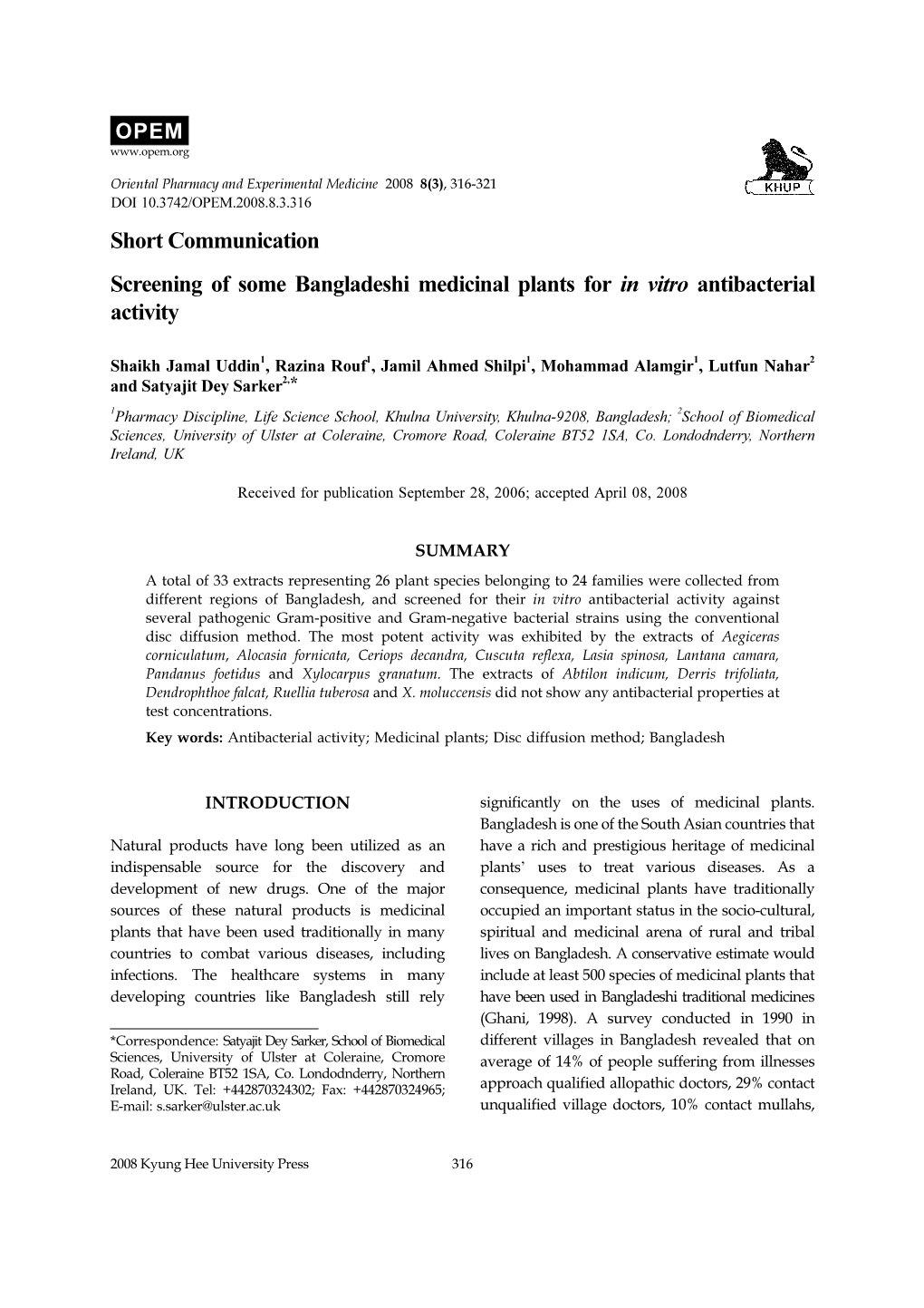 Short Communication Screening of Some Bangladeshi Medicinal Plants for in Vitro Antibacterial Activity