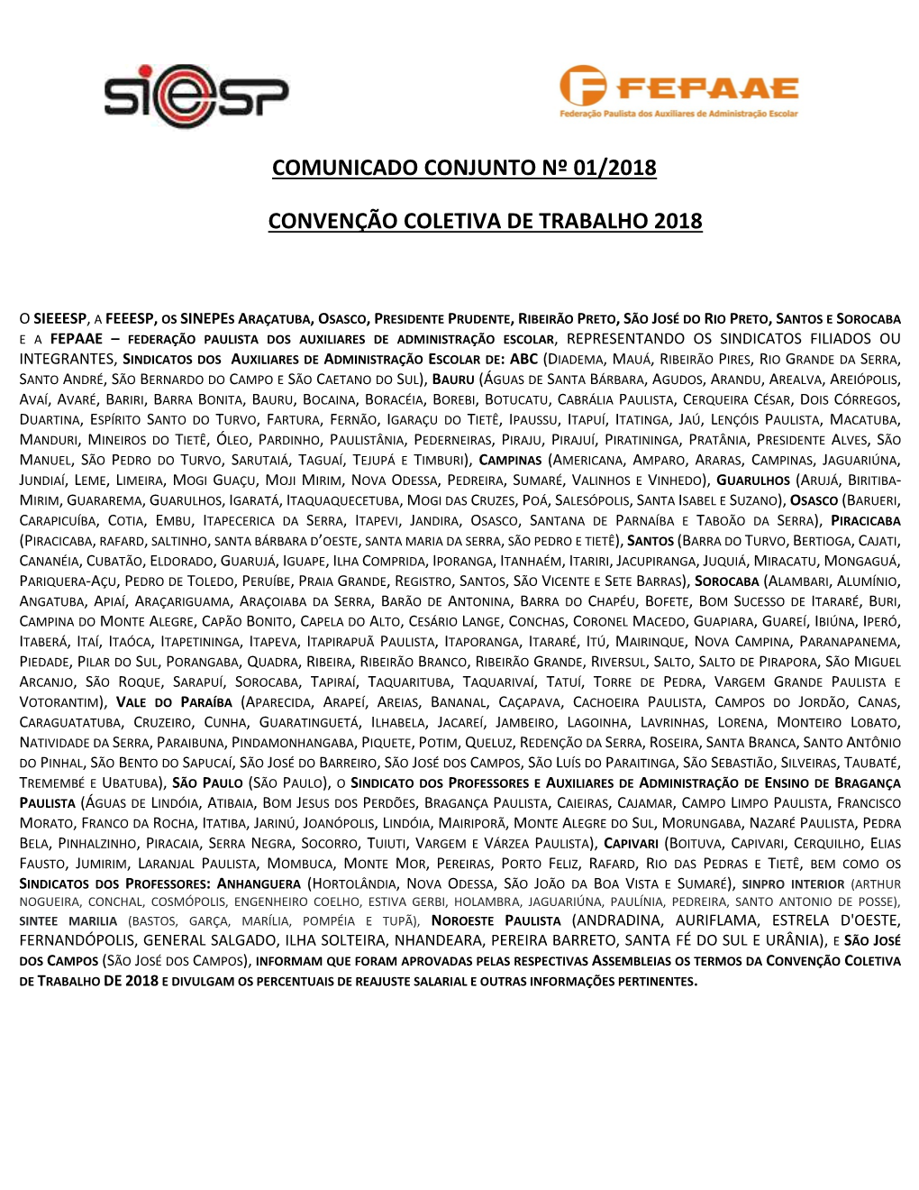 Comunicado Conjunto Nº 01/2018 Auxiliares E Professores