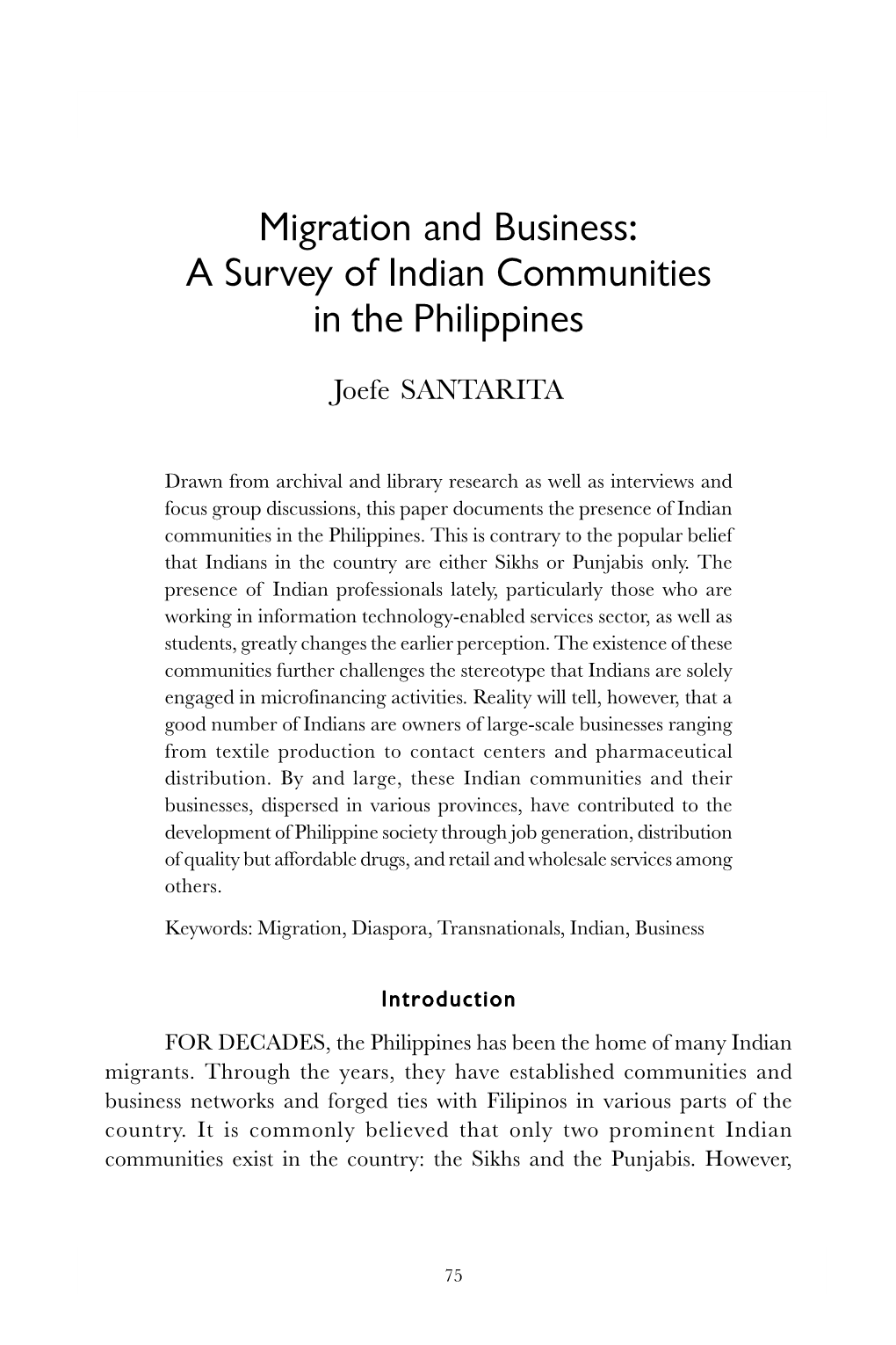 Migration and Business: a Survey of Indian Communities in the Philippines