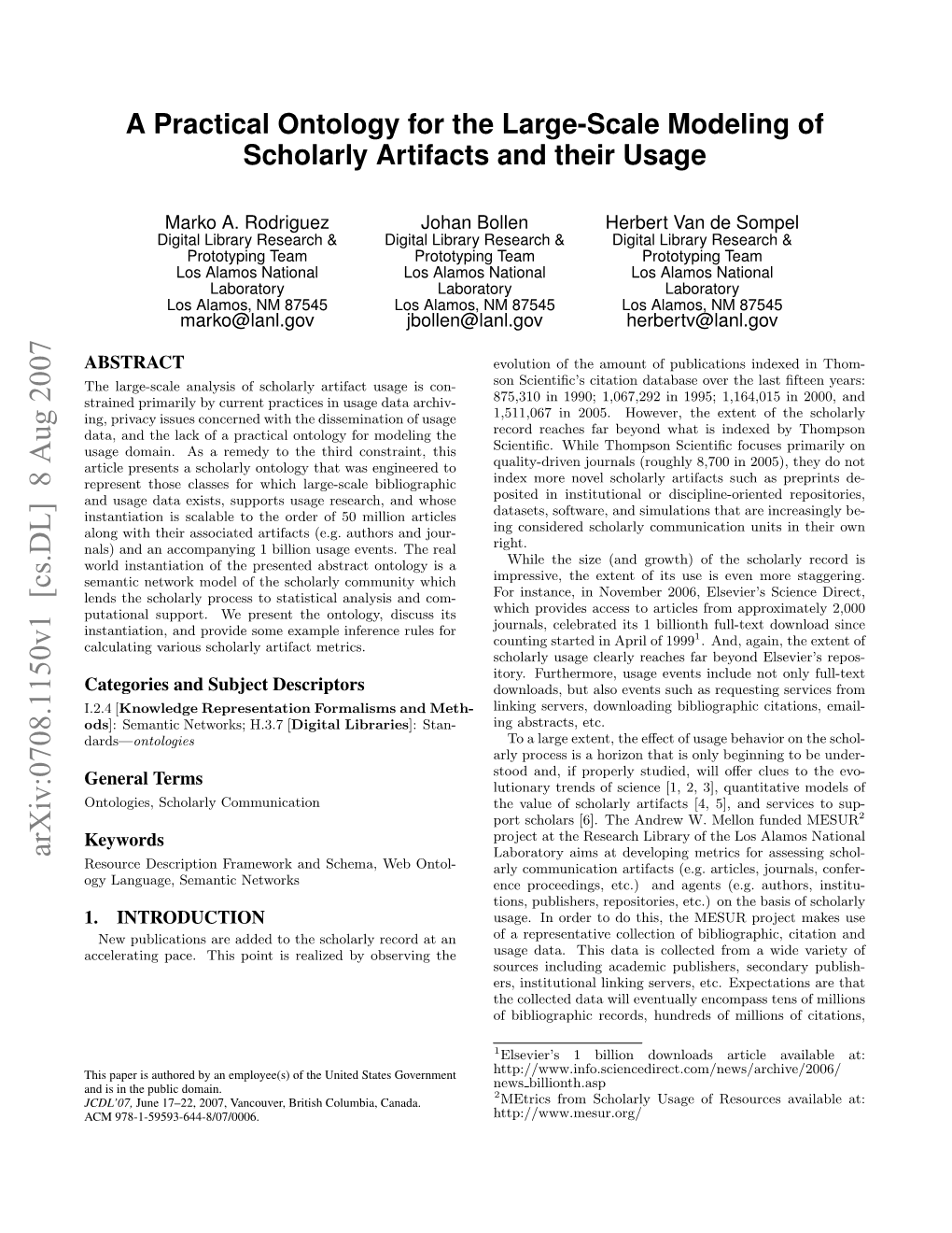 A Practical Ontology for the Large-Scale Modeling of Scholarly Artifacts and Their Usage