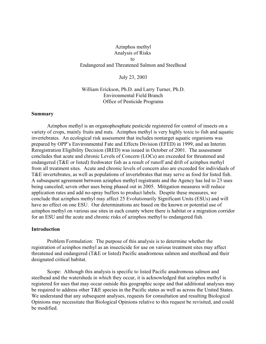 Azinphos Methyl Analysis of Risks to Endangered and Threatened Salmon and Steelhead