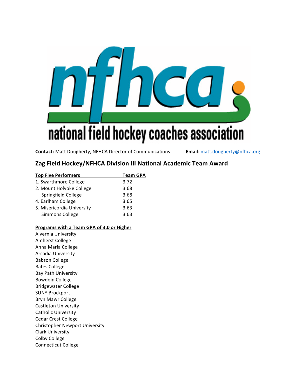 Zag Field Hockey/NFHCA Division III National Academic Team Award