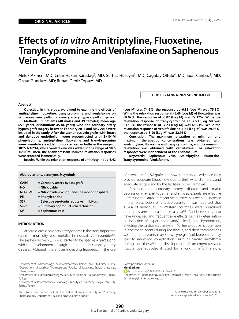 Effects of in Vitro Amitriptyline, Fluoxetine, Tranylcypromine and Venlafaxine on Saphenous Vein Grafts