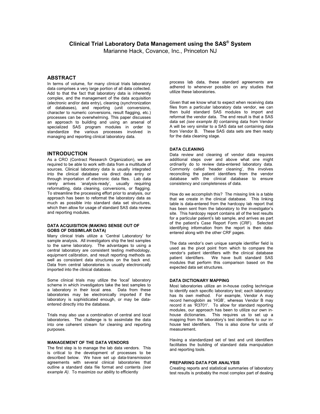 Clinical Trial Laboratory Data Management Using the SAS ® System