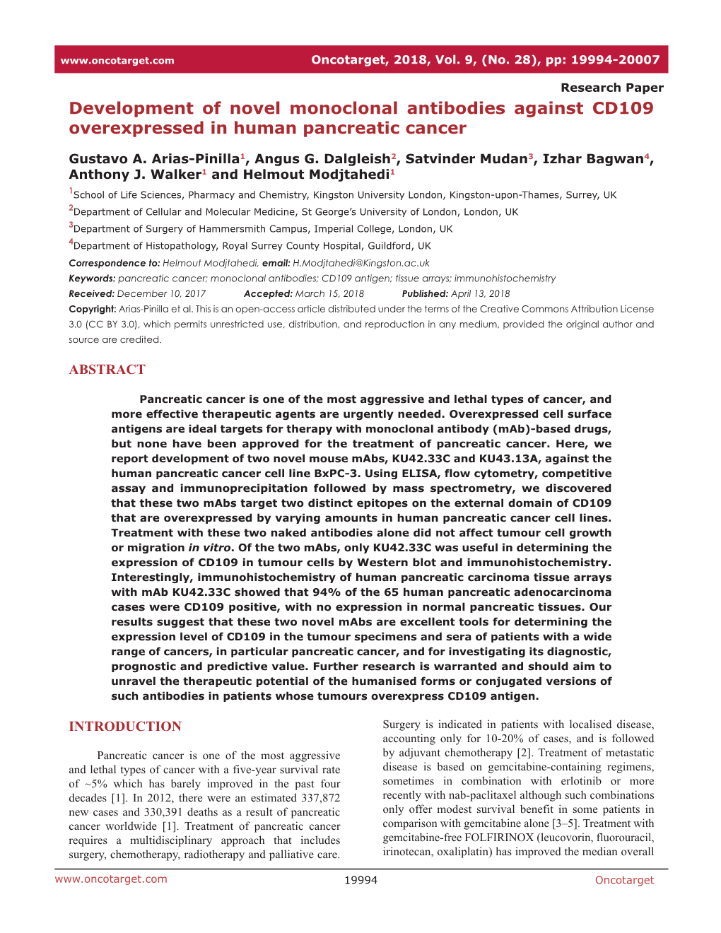 Development of Novel Monoclonal Antibodies Against CD109 Overexpressed in Human Pancreatic Cancer