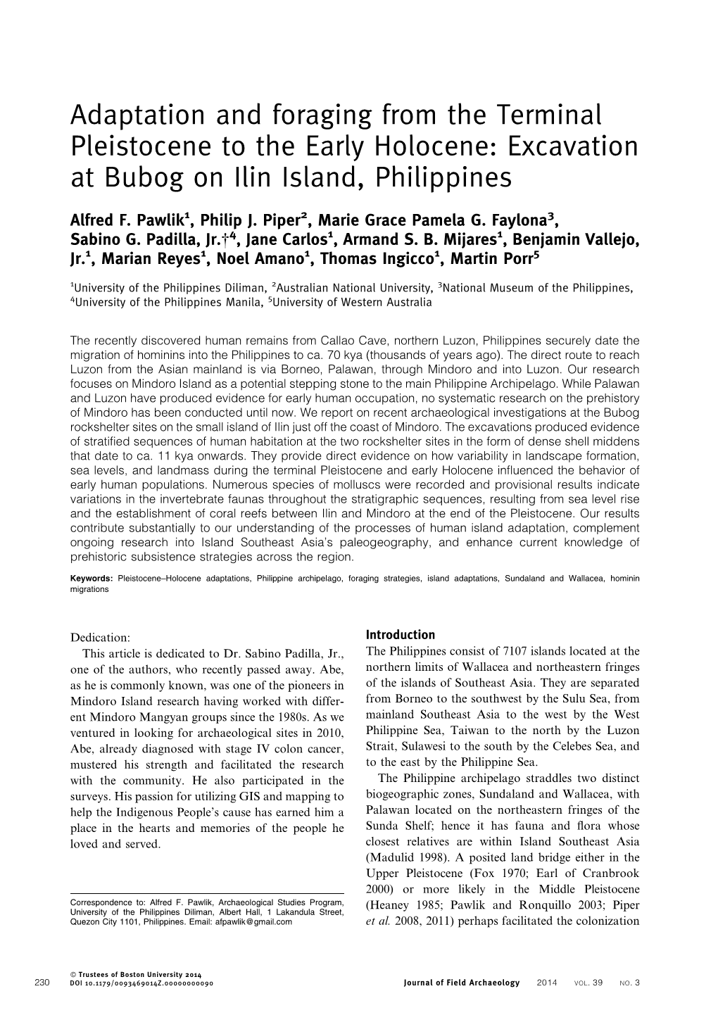 Adaptation and Foraging from the Terminal Pleistocene to the Early Holocene: Excavation at Bubog on Ilin Island, Philippines
