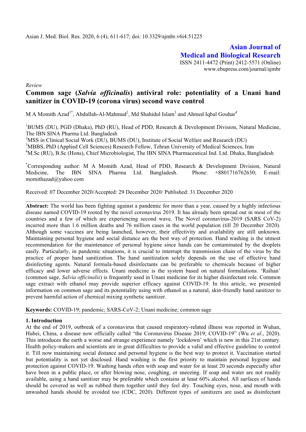 Salvia Officinalis) Antiviral Role: Potentiality of a Unani Hand Sanitizer in COVID-19 (Corona Virus) Second Wave Control