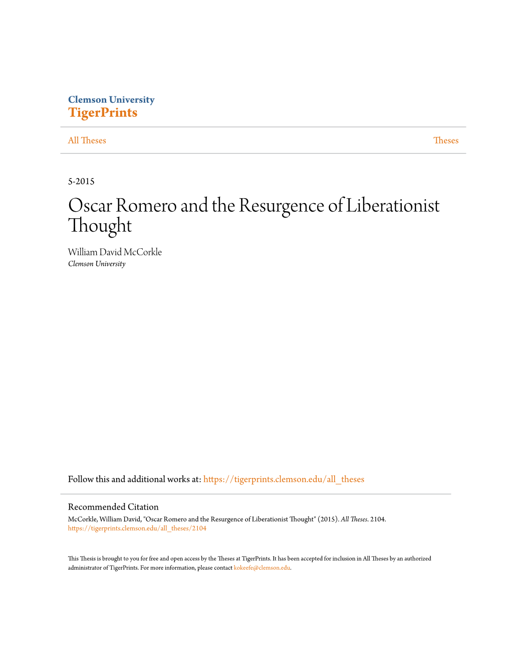 Oscar Romero and the Resurgence of Liberationist Thought William David Mccorkle Clemson University