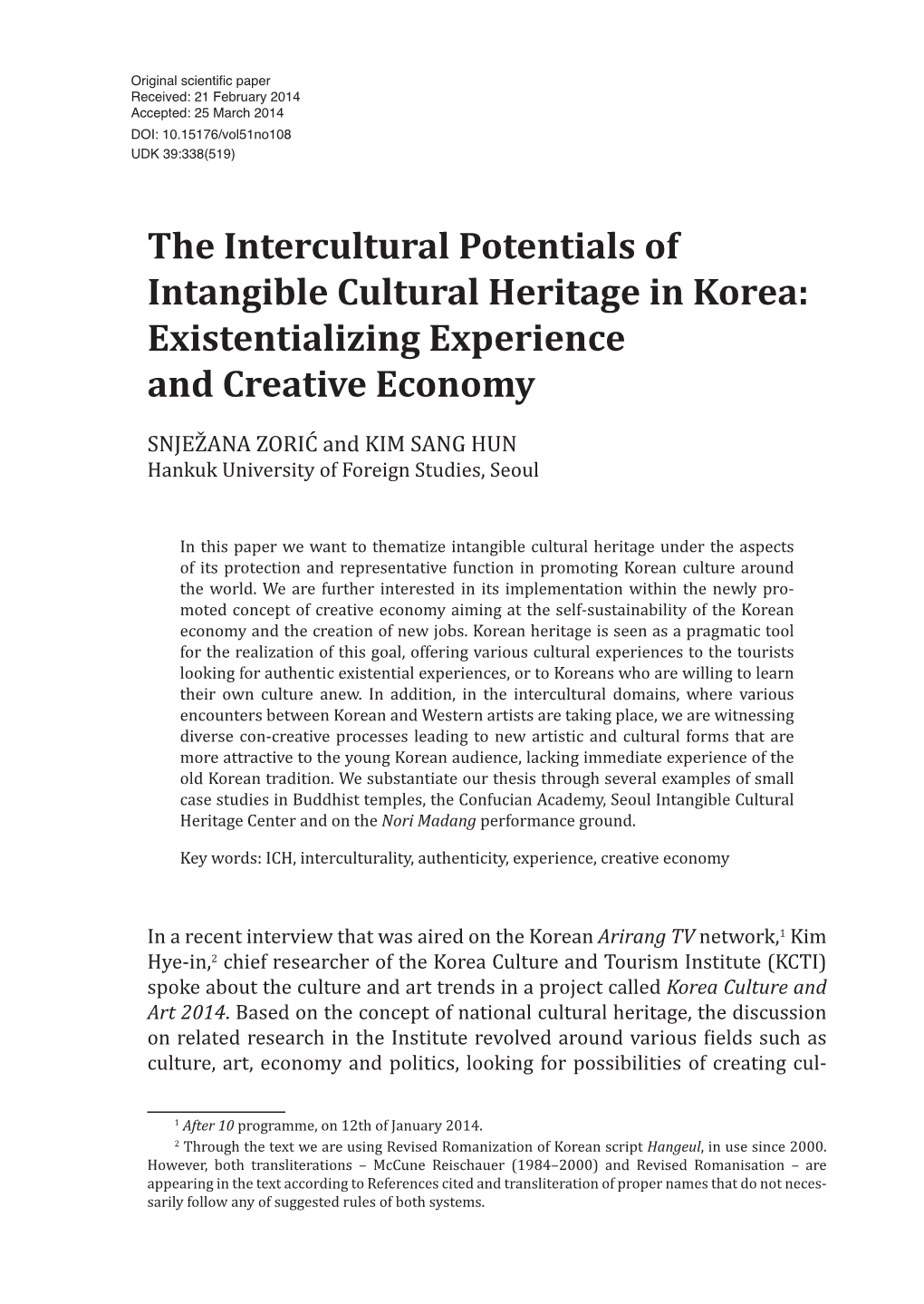 The Intercultural Potentials of Intangible Cultural Heritage in Korea: Existentializing Experience and Creative Economy