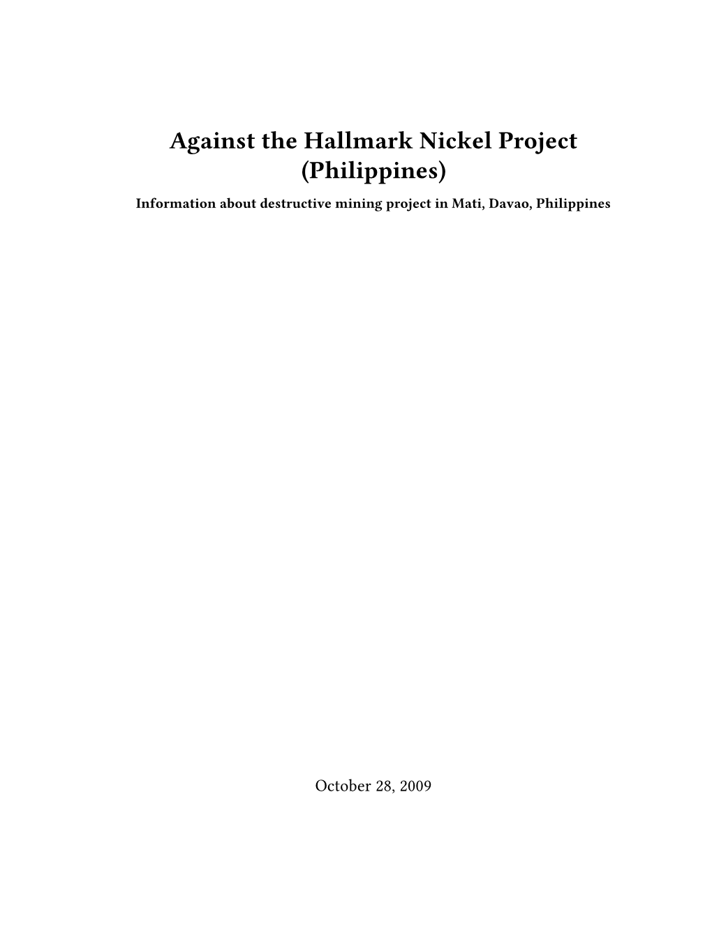 Against the Hallmark Nickel Project (Philippines) Information About Destructive Mining Project in Mati, Davao, Philippines