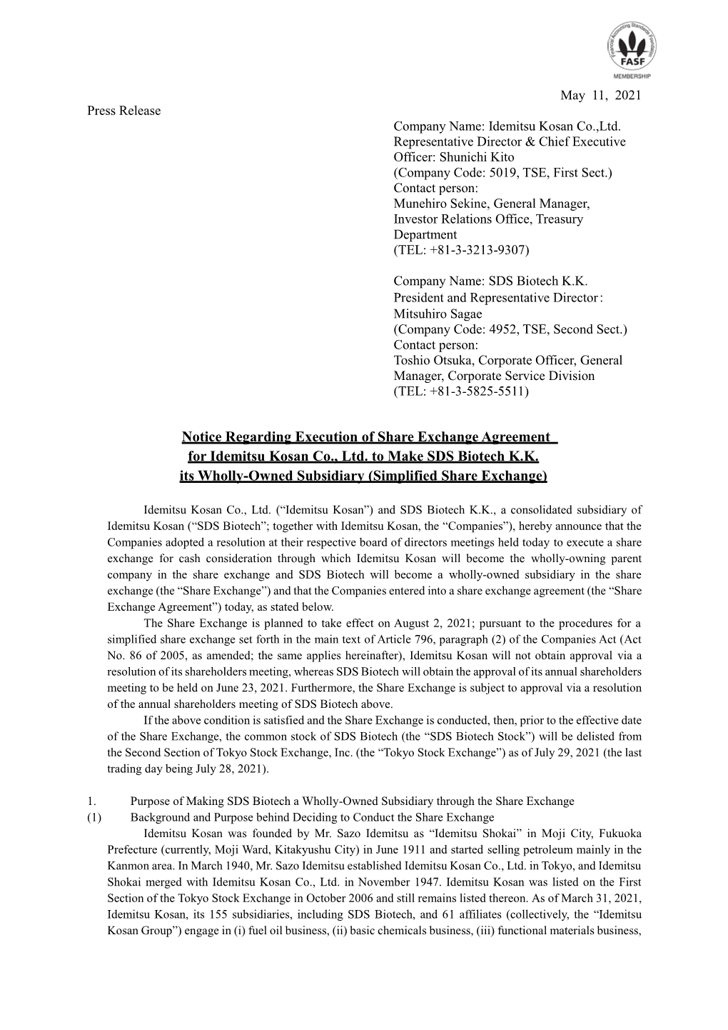 Notice Regarding Execution of Share Exchange Agreement for Idemitsu Kosan Co., Ltd
