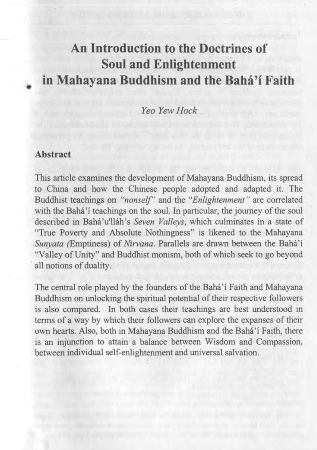 An Introduction to the Doctrines of Soul and Enlightenment in Mahayana Buddhism and the Baha'i Faith