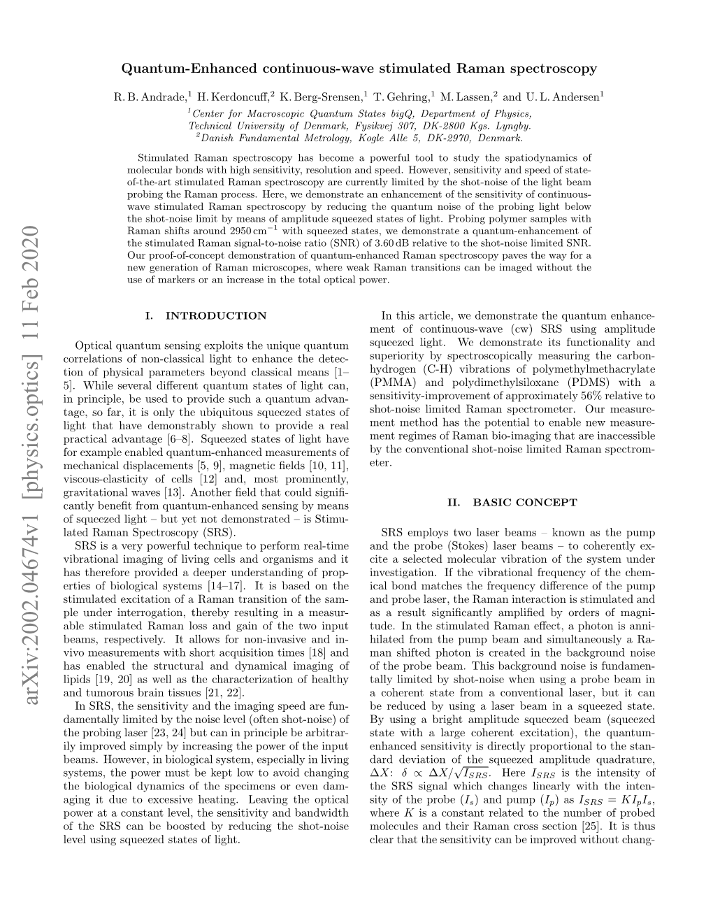 Arxiv:2002.04674V1 [Physics.Optics] 11 Feb 2020 in SRS, the Sensitivity and the Imaging Speed Are Fun- Be Reduced by Using a Laser Beam in a Squeezed State