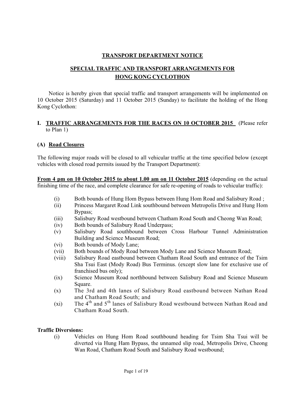 Special Traffic and Transport Arrangements for Hong Kong Cyclothon