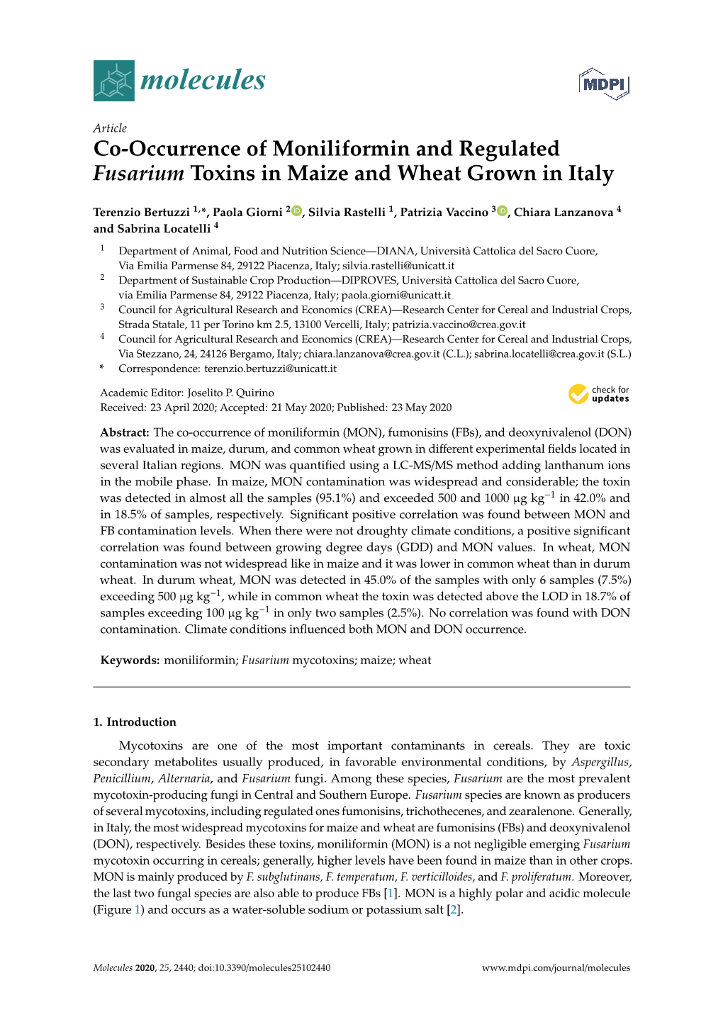 Co-Occurrence of Moniliformin and Regulated Fusarium Toxins in Maize and Wheat Grown in Italy