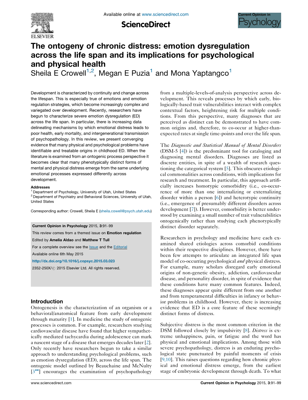 The Ontogeny of Chronic Distress: Emotion Dysregulation Across The