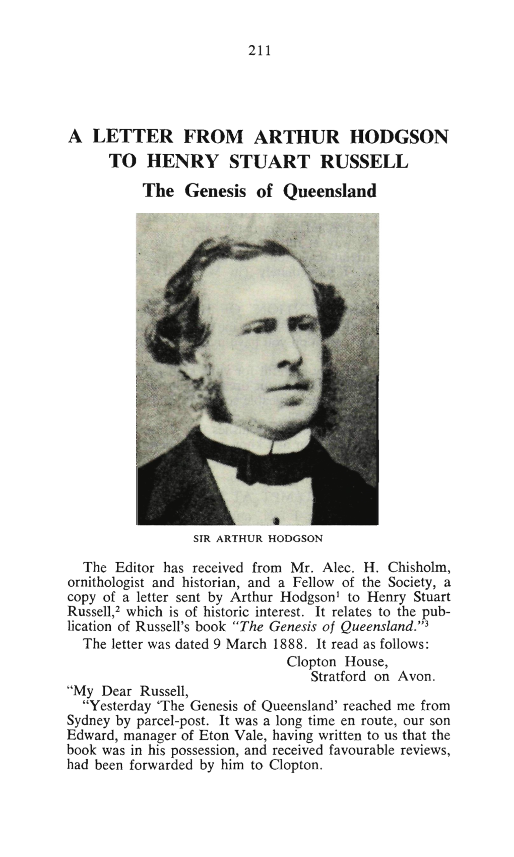 A LETTER from ARTHUR HODGSON to HENRY STUART RUSSELL the Genesis of Queensland