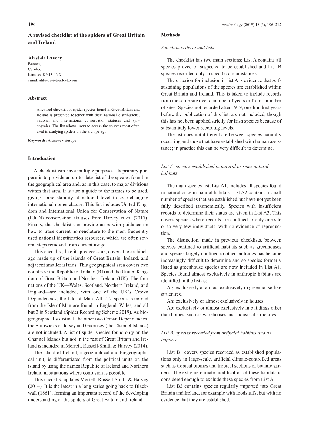 196 Arachnology (2019)18 (3), 196–212 a Revised Checklist of the Spiders of Great Britain Methods and Ireland Selection Criteria and Lists