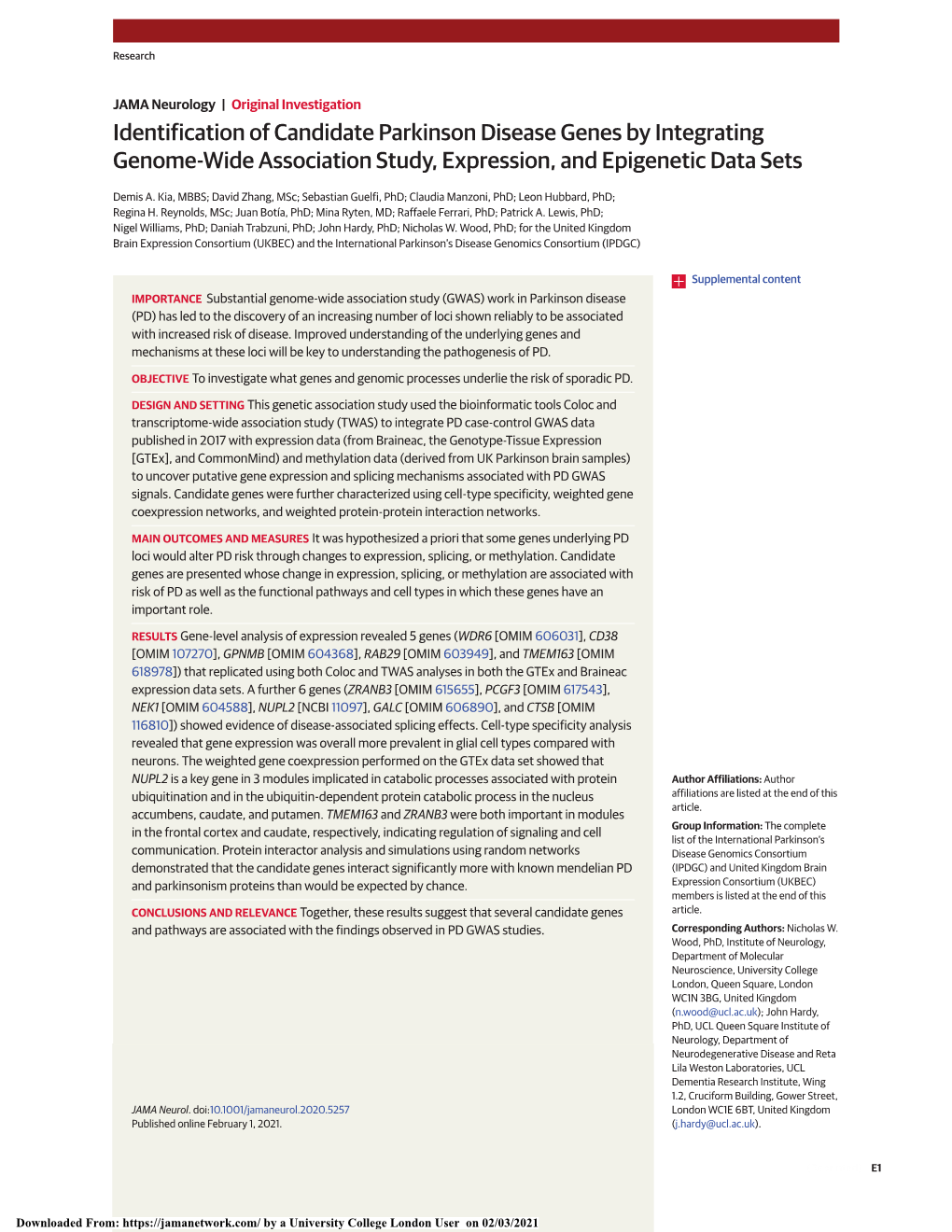 Identification of Candidate Parkinson Disease Genes by Integrating Genome-Wide Association Study, Expression, and Epigenetic Data Sets