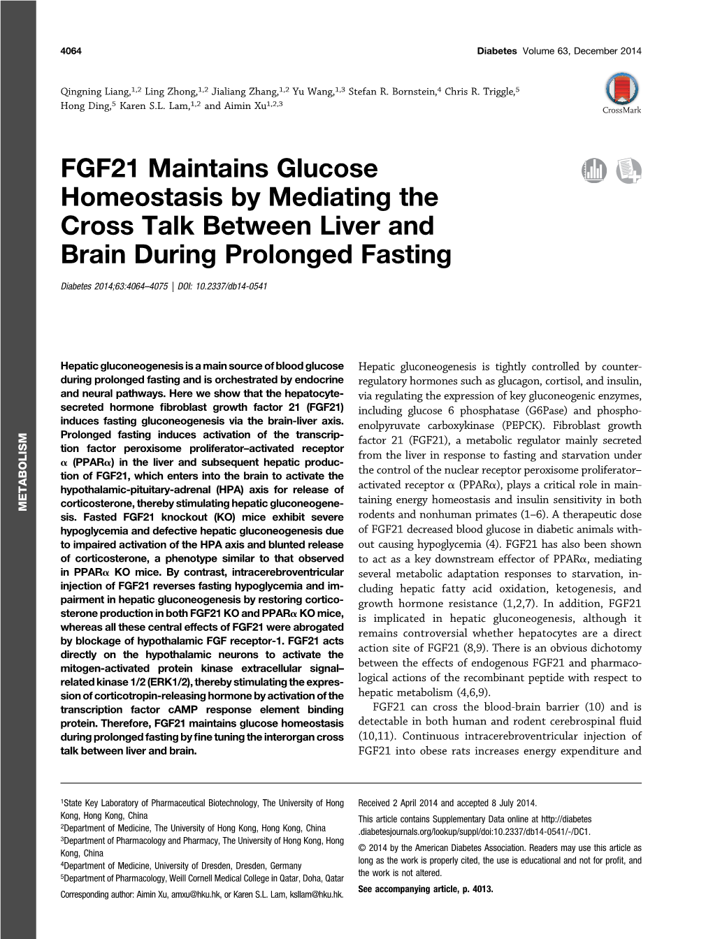 FGF21 Maintains Glucose Homeostasis by Mediating the Cross Talk Between Liver and Brain During Prolonged Fasting