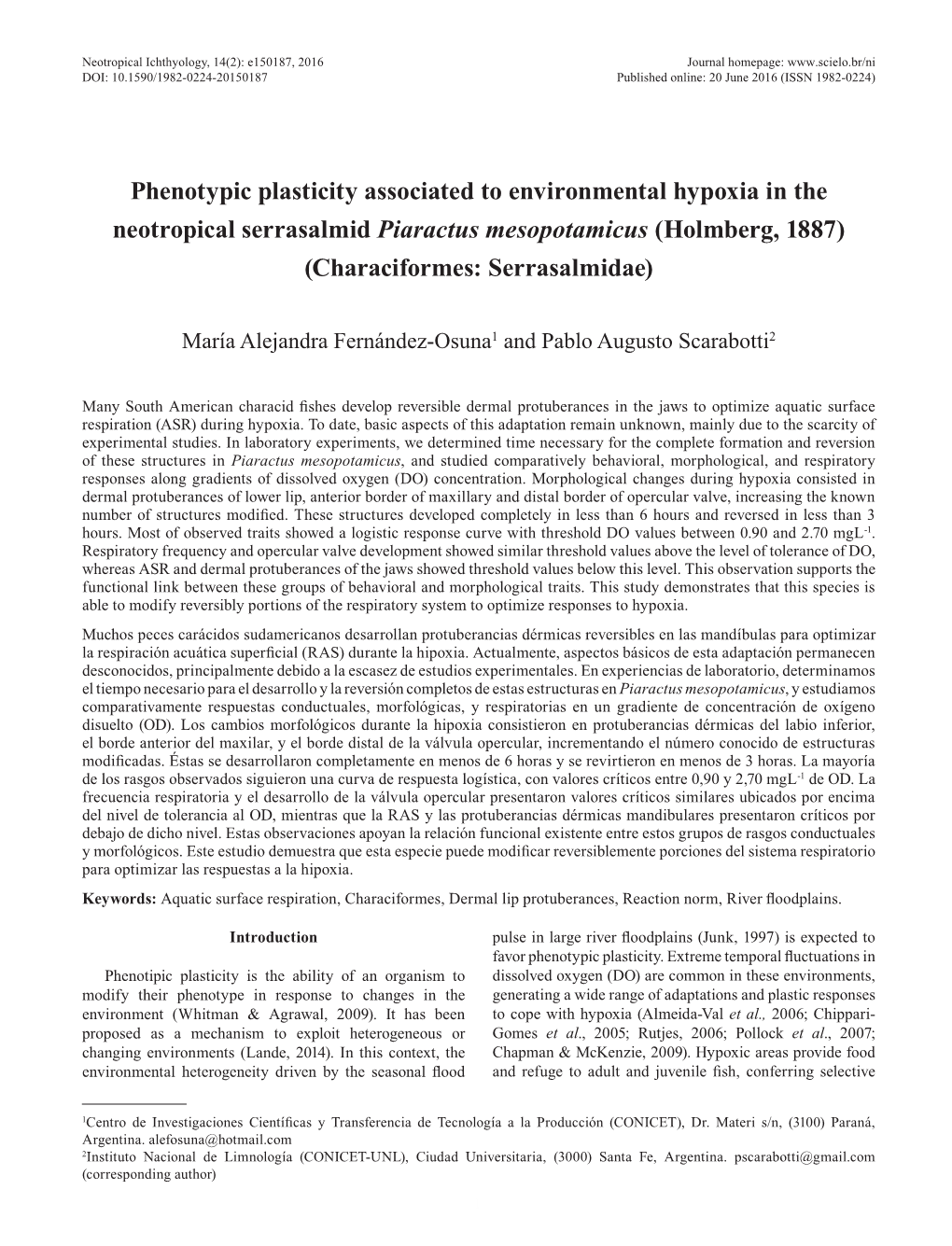 Phenotypic Plasticity Associated to Environmental Hypoxia in the Neotropical Serrasalmid Piaractus Mesopotamicus (Holmberg, 1887) (Characiformes: Serrasalmidae)