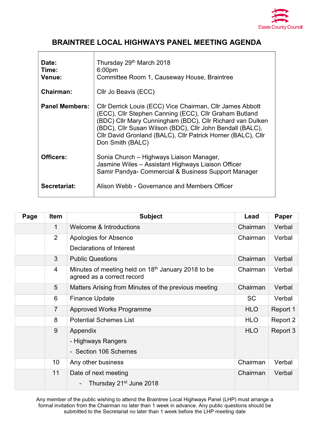 Braintree Local Highways Panel Meeting Agenda