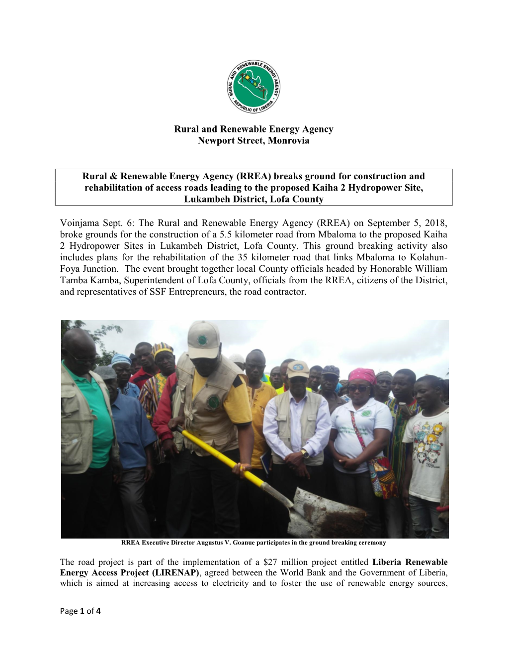 Final RREA Breaks Ground for 40Km Road Project in Lofa.19.09.18.Pdf